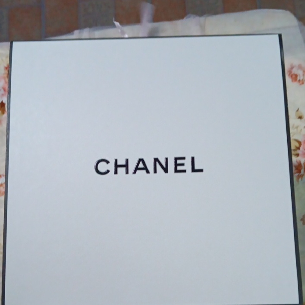 2 CHANEL Classic White Gift Boxes with Silver and navy ribbon.